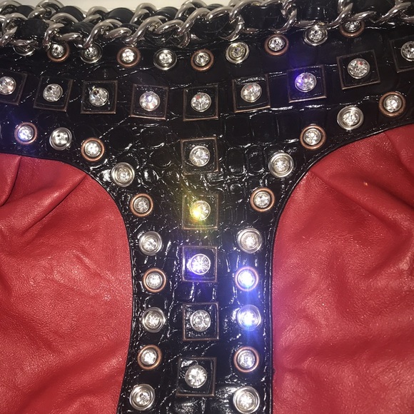 Absolutely beautiful red bag with black accents and sequence. Worn places shown. - Picture 8 of 11